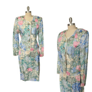Vintage 80s Talbots Floral Skirt Suit Size 12 Pastel Brocade Garden Party